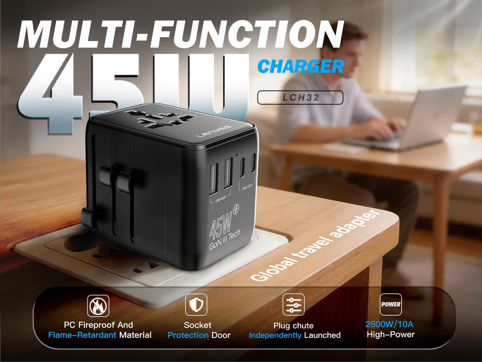 Adaptador de Viaje Universal Lenyes LCH32 GaN 45W vista 3