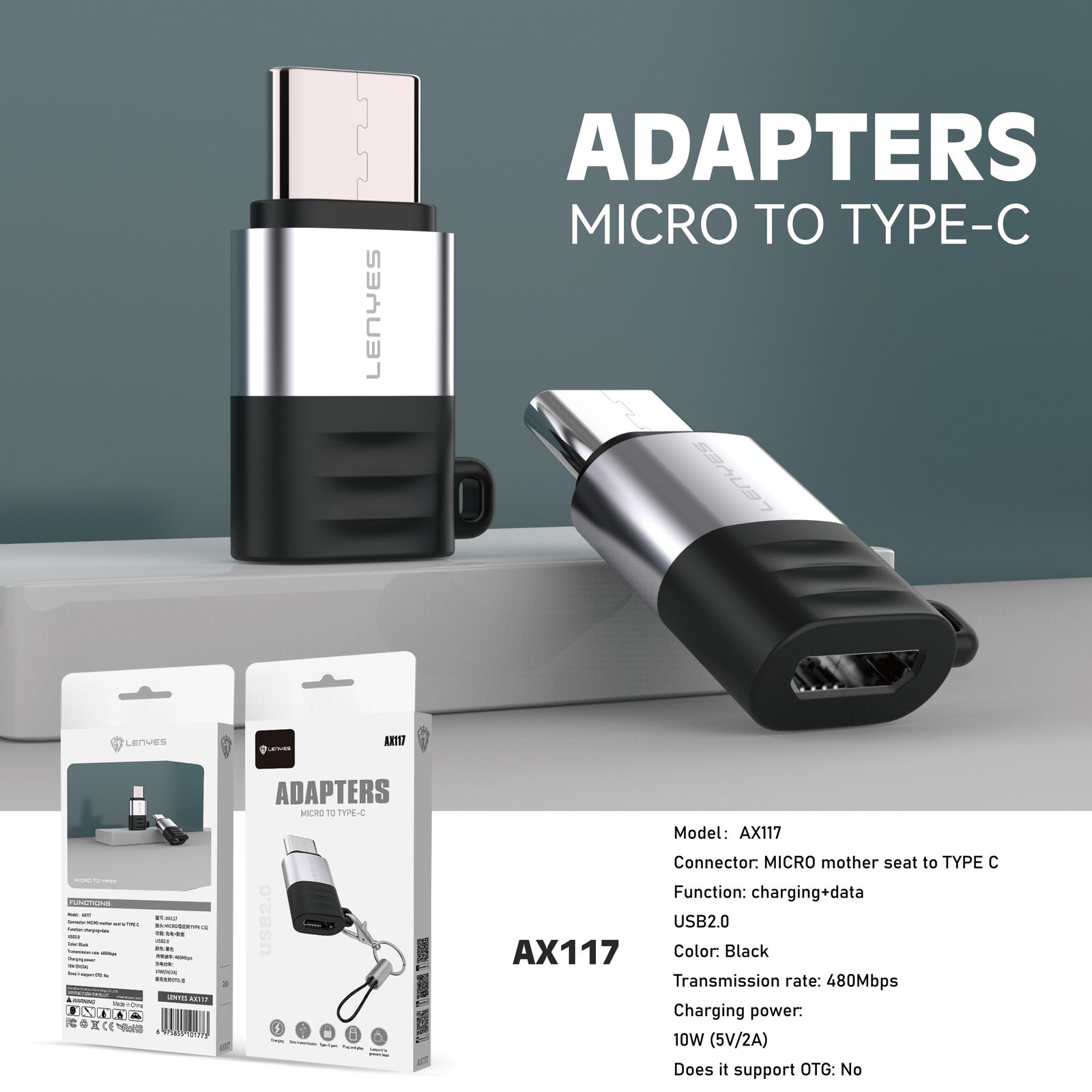 Adaptador Lenyes AX117 Micro USB/V8 a Tipo-C vista 3