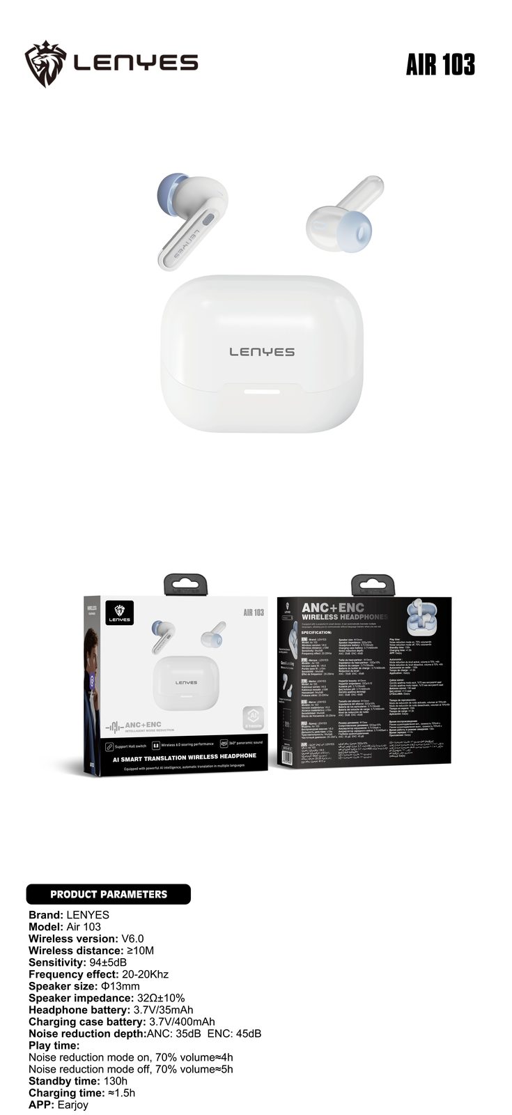 Lenyes AIR 103 TWS con Cancelación de Ruido ANC+ENC 28dB vista 5