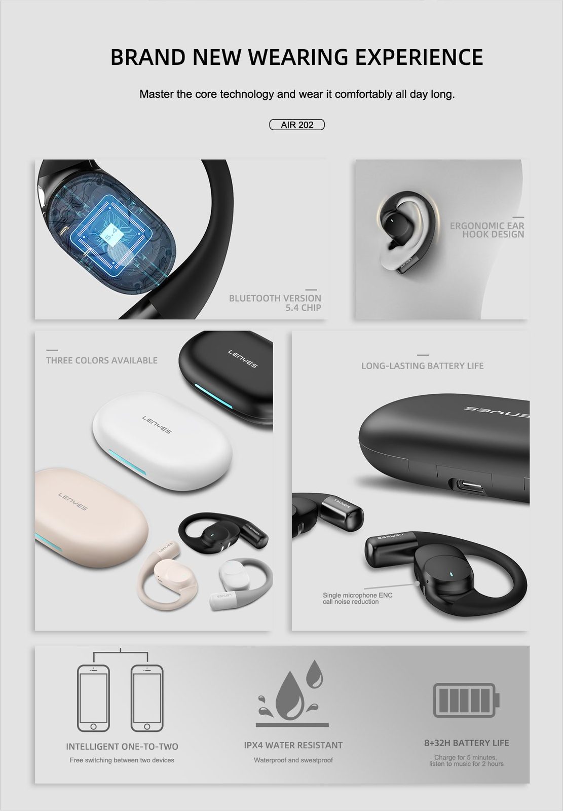 Lenyes AIR 202 Open-Ear con Gancho IPX4 vista 5