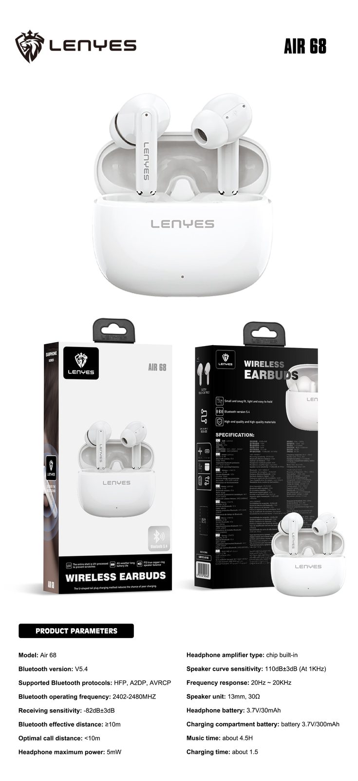 Lenyes AIR 68 TWS Control Táctil Compacto vista 3