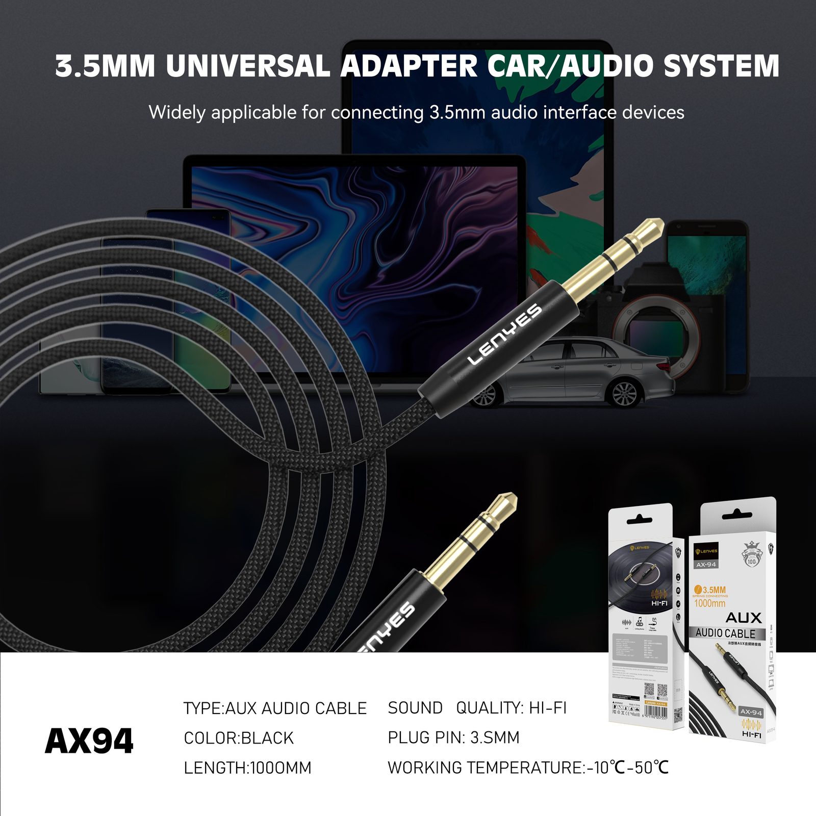 Cable Auxiliar Lenyes AX94 3.5mm Hi-Fi Chapado en Oro vista 1