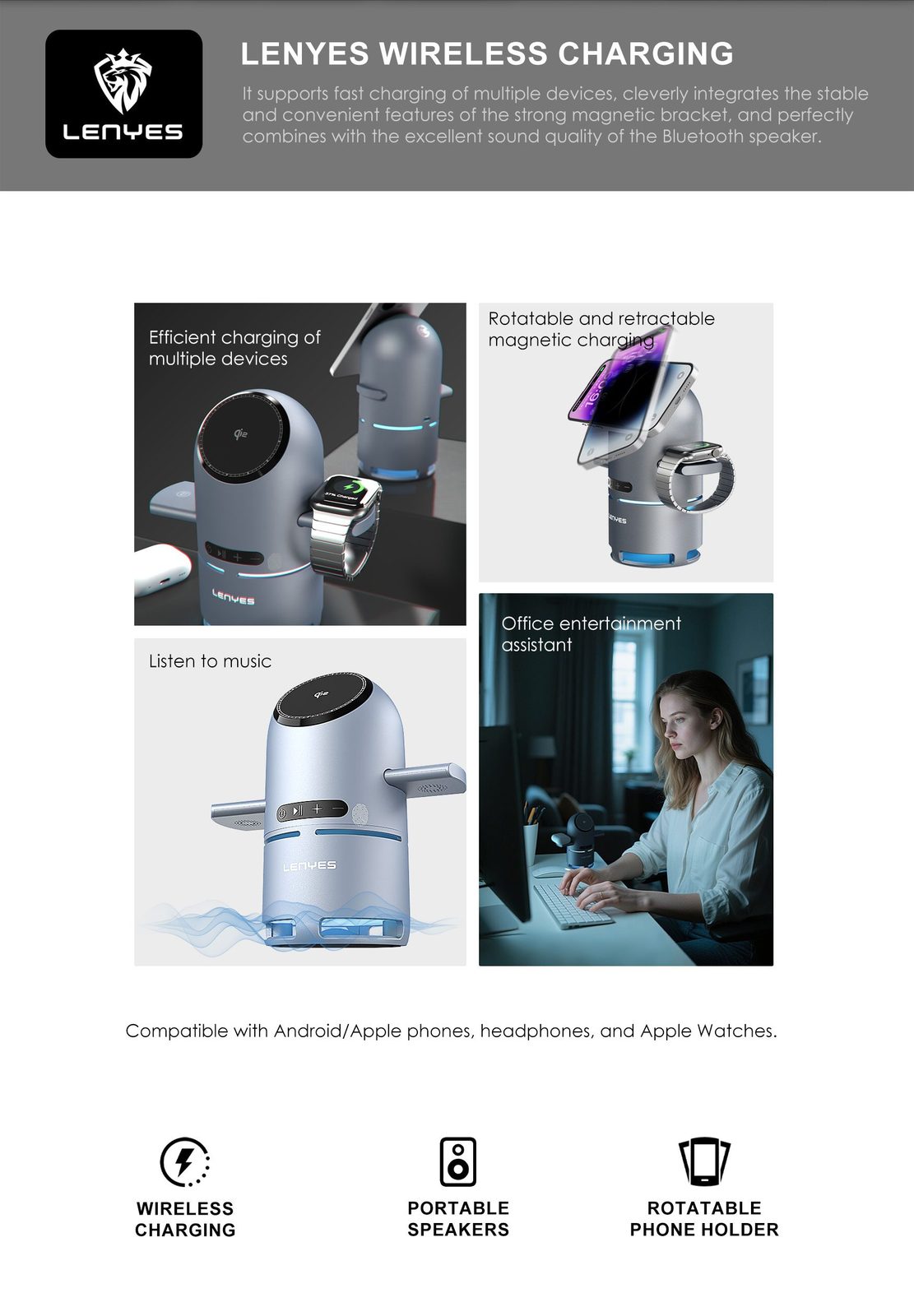 Cargador Inalámbrico Lenyes PW321 con Altavoz Bluetooth vista 3