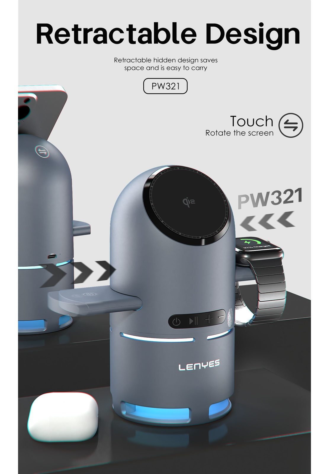 Cargador Inalámbrico Lenyes PW321 con Altavoz Bluetooth vista 5
