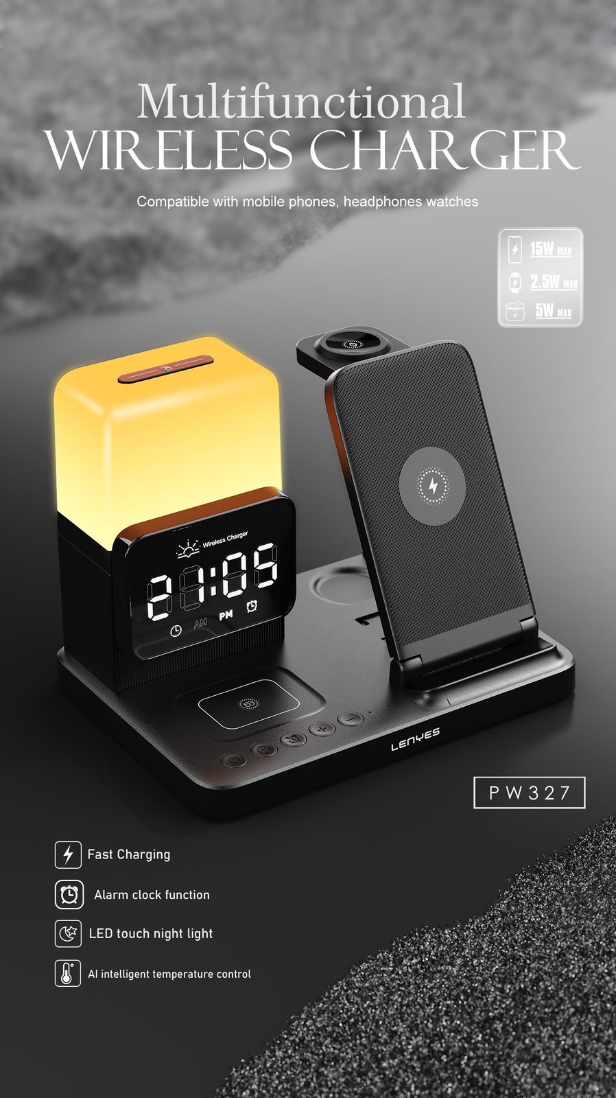 Cargador Inalámbrico Lenyes PW327 4en1 con Reloj vista 4