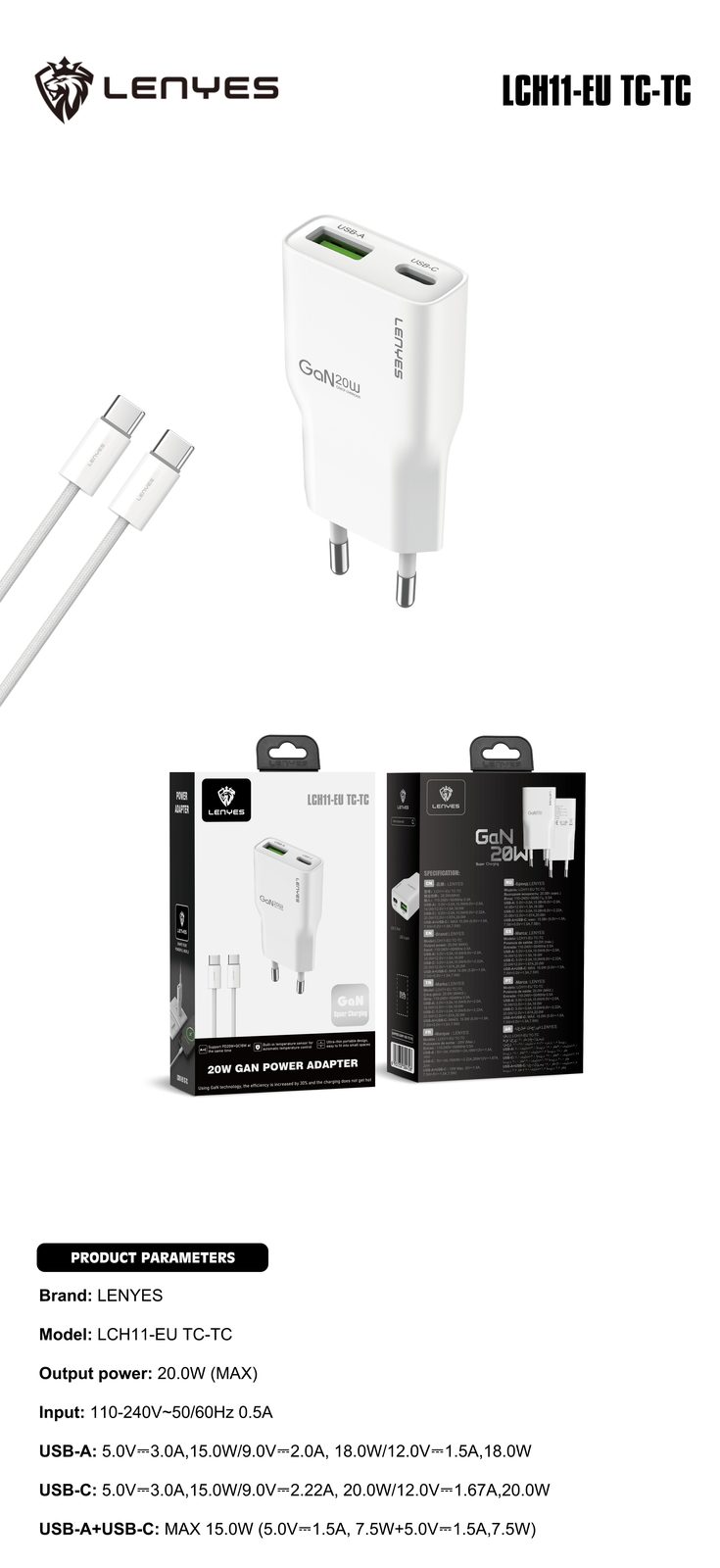 Cargador Lenyes LCH11 Dual 20W USB-C + USB-A vista 6