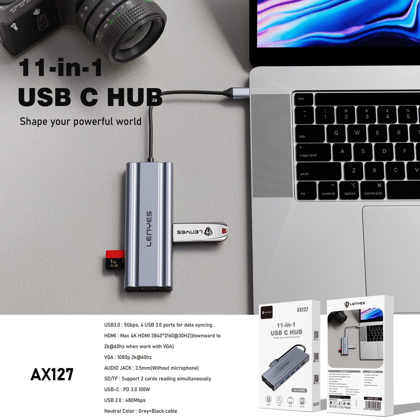 HUB Tipo-C Lenyes AX127 11en1 vista 3