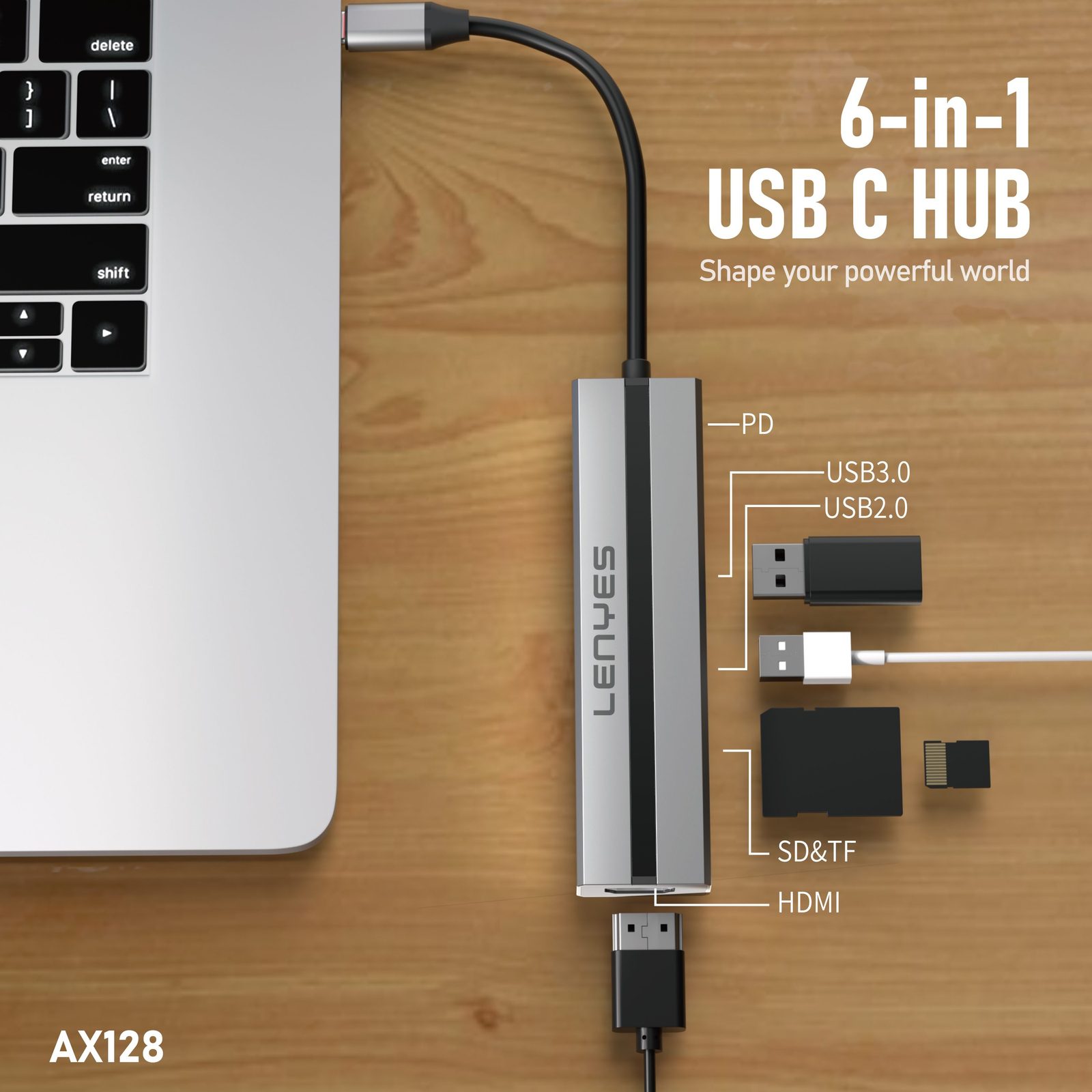 HUB Tipo-C Lenyes AX128 6en1 vista 3