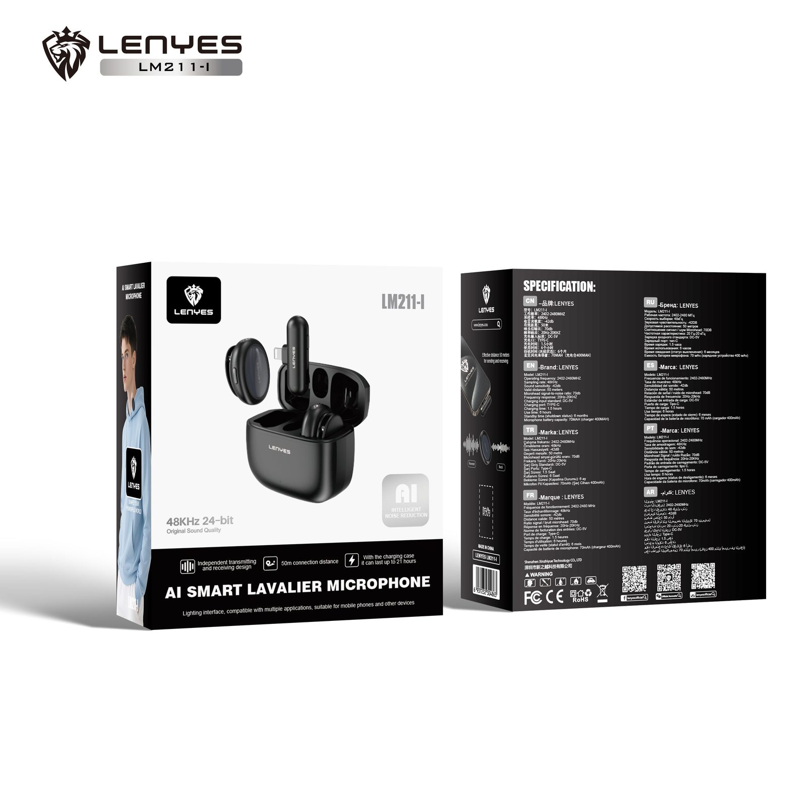 Lenyes LM211 Micrófono Lavalier 48KHz/24bit IA vista 3