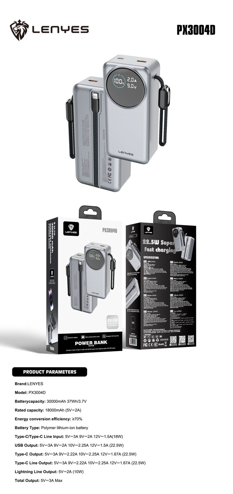 Powerbank Lenyes PX1004D 10.000mAh vista 1
