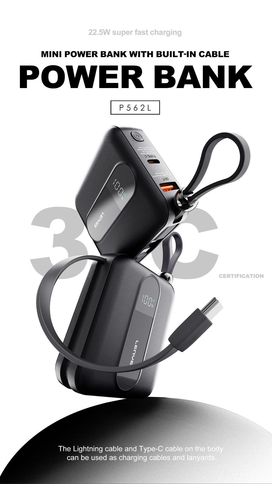 Powerbank Mini Lenyes P562L 10.000mAh Cables Integrados vista 3