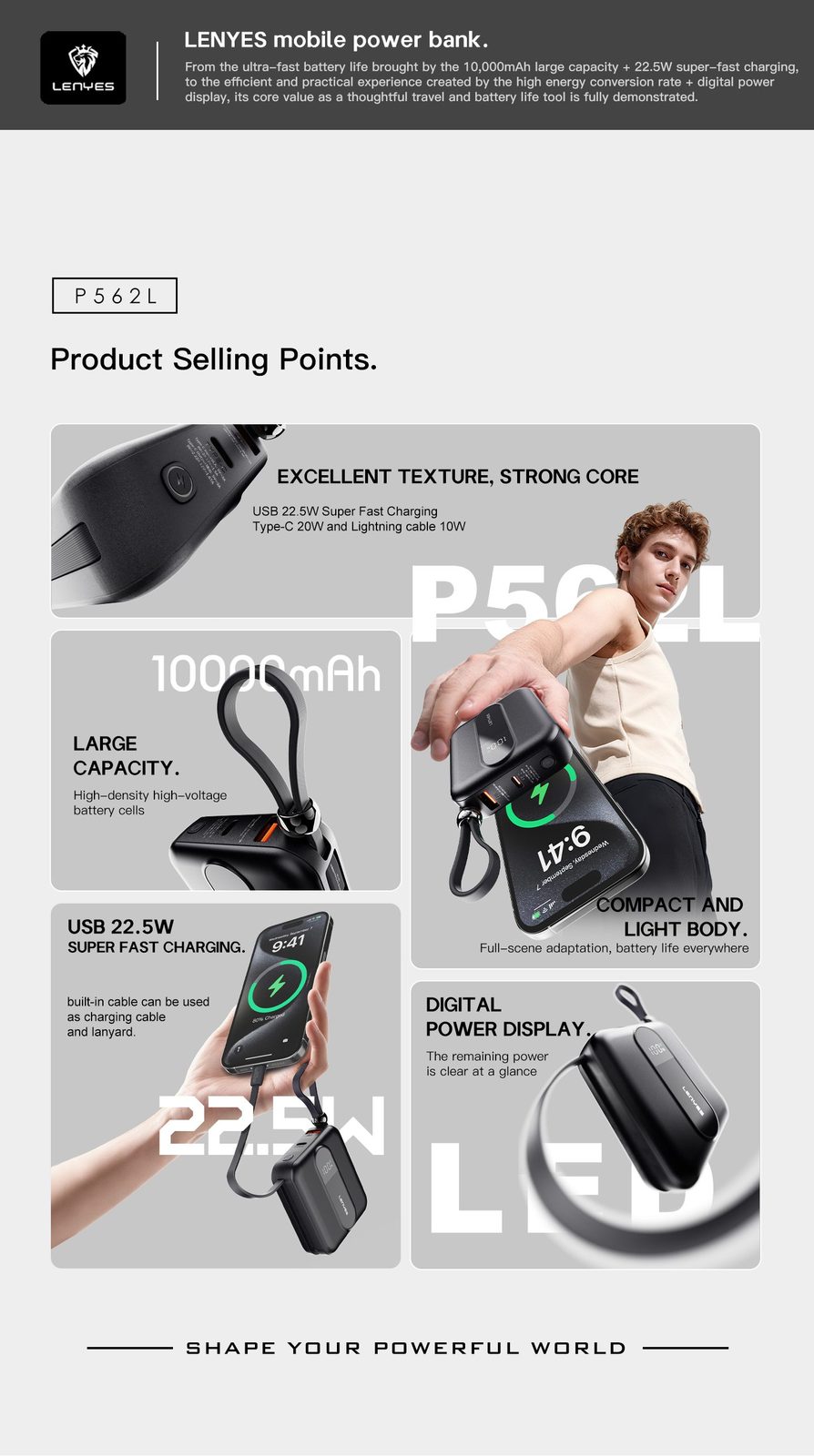 Powerbank Mini Lenyes P562L 10.000mAh Cables Integrados vista 4