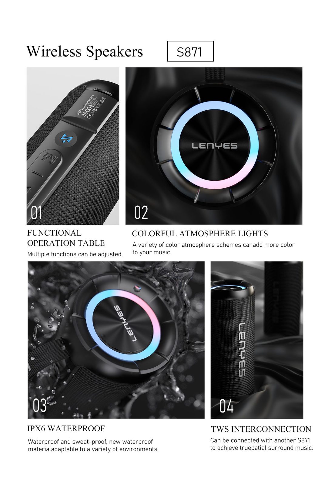 Lenyes S871 Altavoz Alta Fidelidad IPX6 TWS vista 3