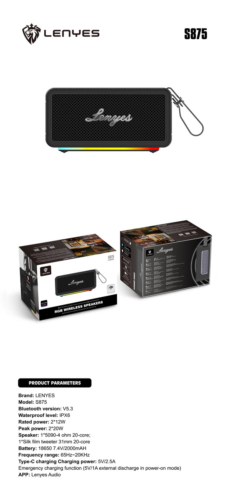 Lenyes S875 Altavoz Inalámbrico Potente IPX6 TWS vista 3