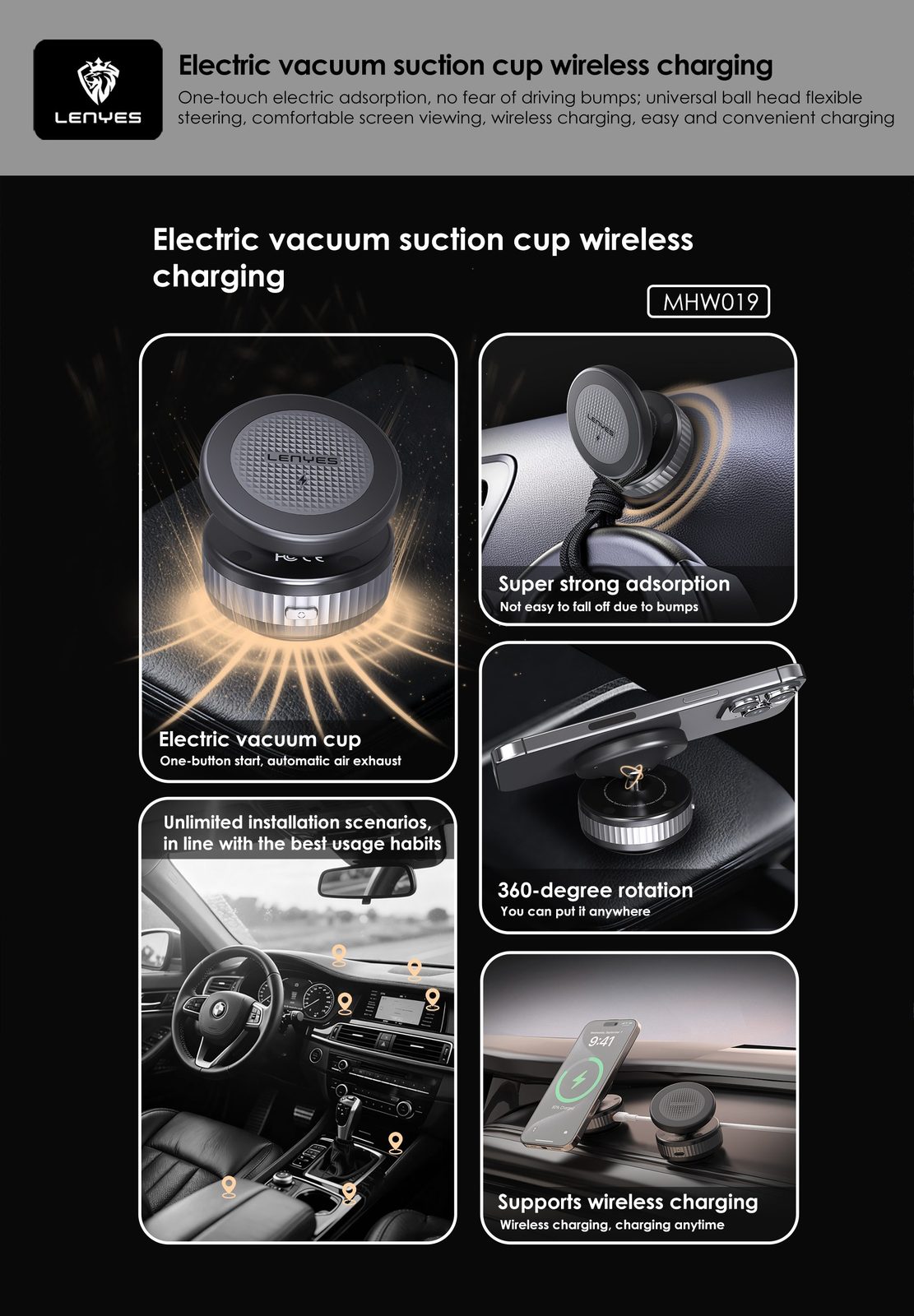 Soporte de Coche Lenyes MHW019 Ventosa Eléctrica 15W vista 3